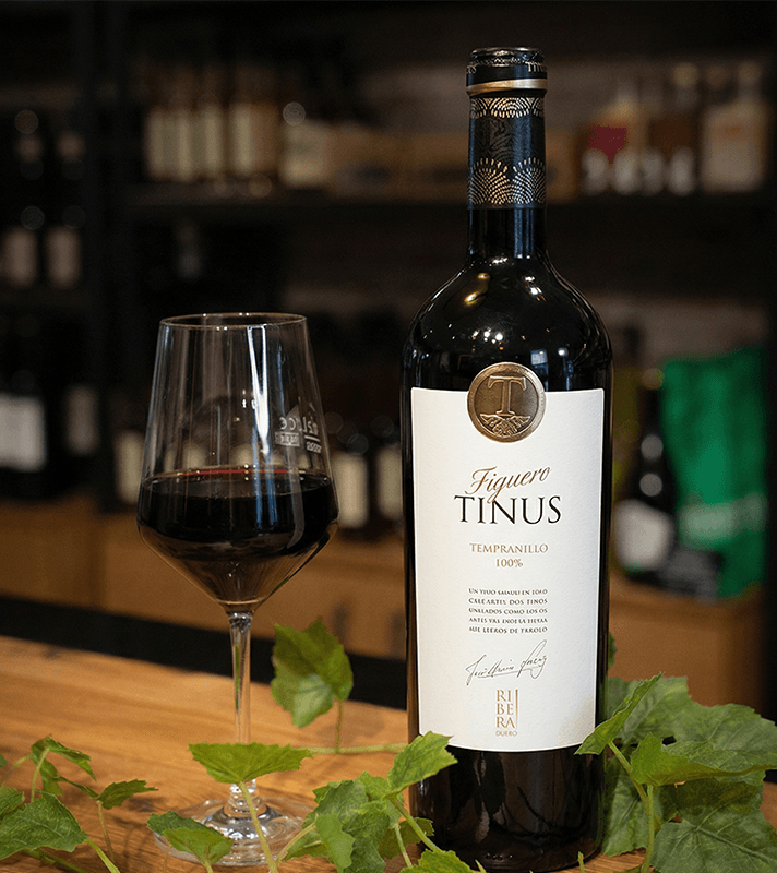 Flasche Rotwein mit Glas auf Holztisch, im Hintergrund Weinregal, umgeben von grünen Weinblättern.