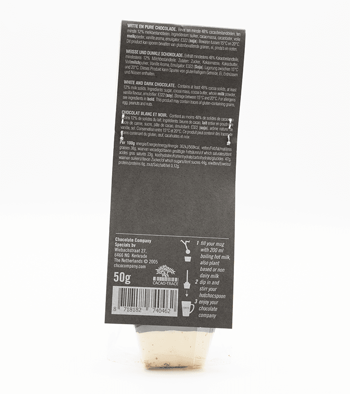 Schwarze Verpackung mit weißen und braunen Texten, zeigt Produktinformationen, Zutaten und Zubereitungsschritte für weiße und dunkle Schokolade.