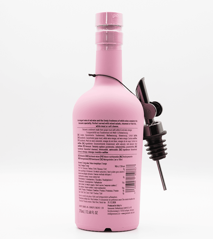 Rosa Weinflasche mit integriertem Korkenzieher und Zapfhahn, ideal für Weinverkostungen, mit Produktbeschreibung auf der Rückseite.