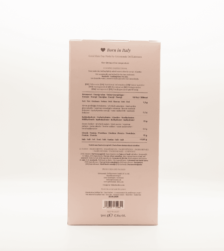 Rückseite einer Verpackung mit Nährwertangaben, Zutatenliste und Herstellerinformationen auf rosa Hintergrund.