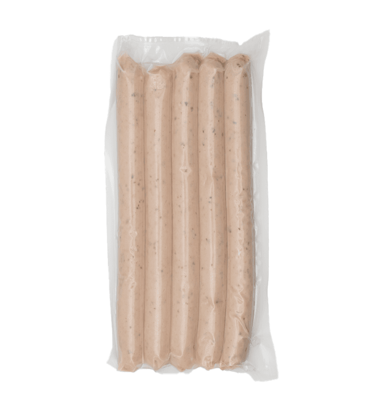 Vakuumverpackte rohes Würstchen mit Kräutern in einer transparenten Folie.