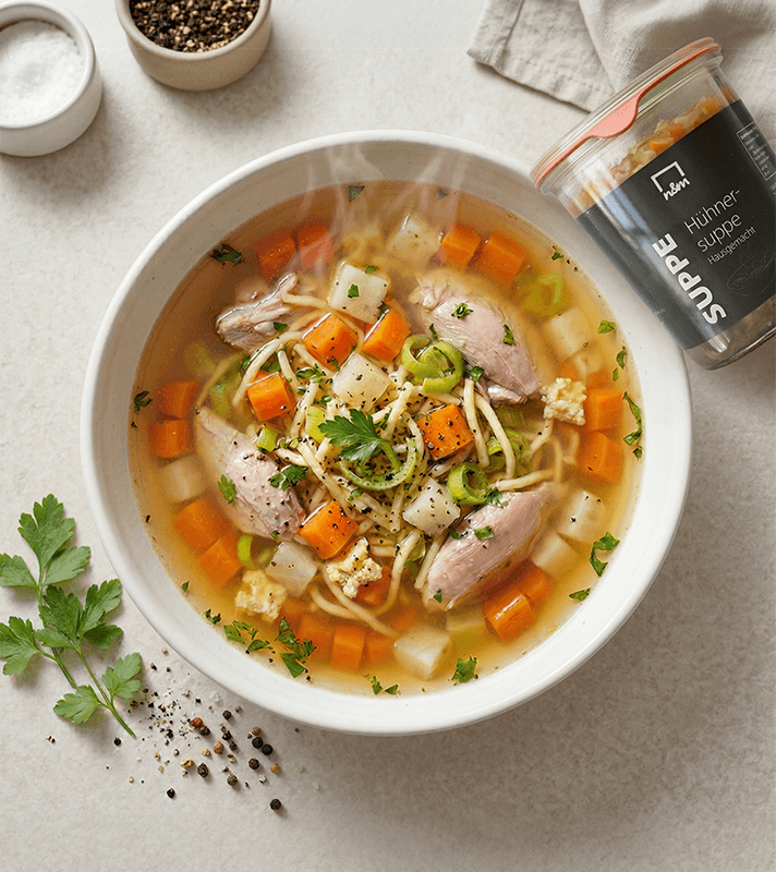 Hühnersuppe im Teller angerichtet, Originalverpackung steht daneben