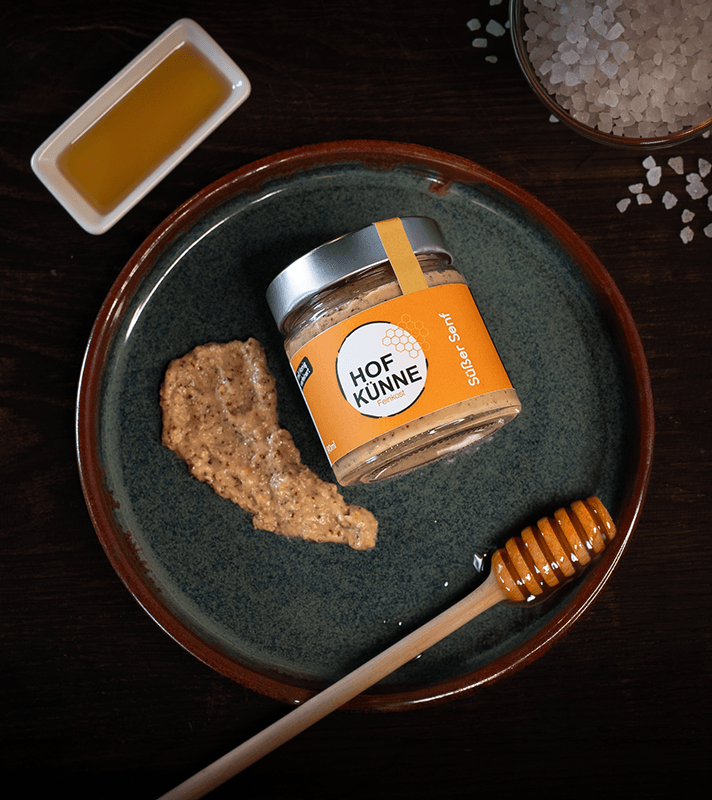 Ein grüner Teller mit Honig, Honigwabe, Senf im Glas, Honiglöffel, Salz im Schälchen und Salz im Salzstreuer auf dunklem Holz.