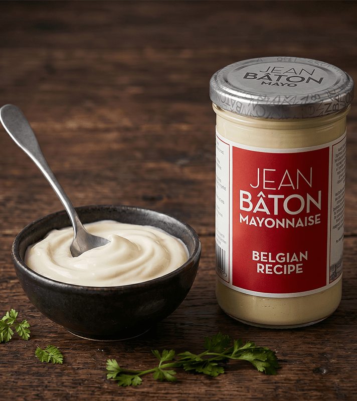 Glas mit cremiger Mayonnaise, daneben ein Löffel, und ein Glas mit Jean Bâton Mayonnaise, auf einem Holzuntergrund, mit Petersilie im Vordergrund.