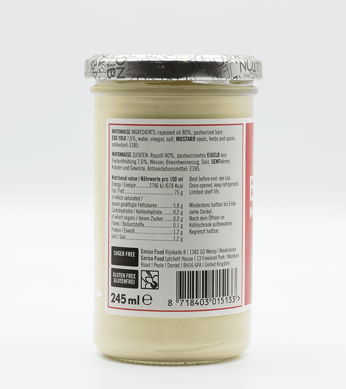Glas mit Mayonnaise, Zutatenliste und Nährwertangaben auf der Rückseite, 245 ml, glutenfrei und zuckerfrei, mit Metalldeckel.