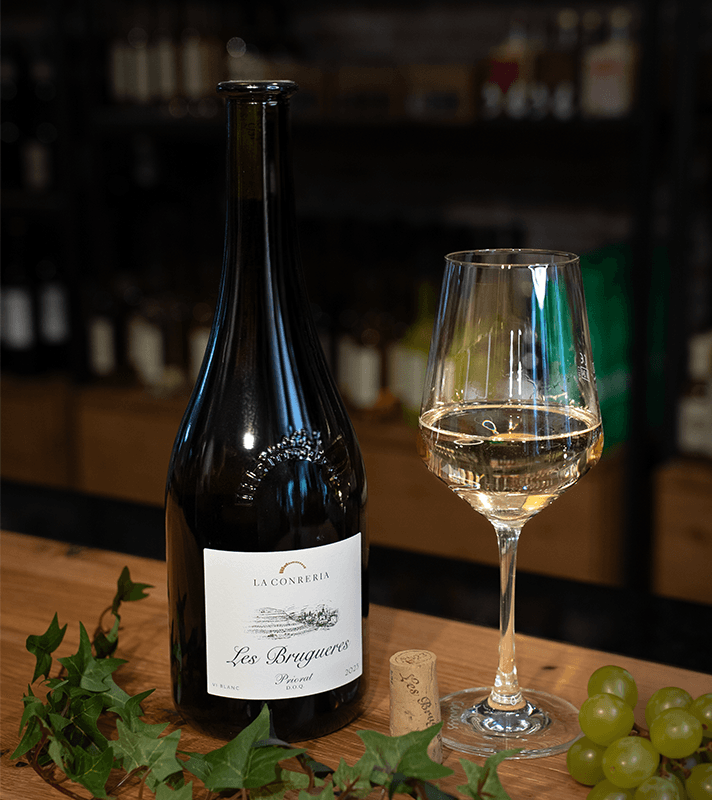 Ein dunkler Weinflasche mit weißem Etikett, daneben ein Weinglas mit weißem Wein, umgeben von grünen Trauben und Wein-Korken auf einem Holztablett.