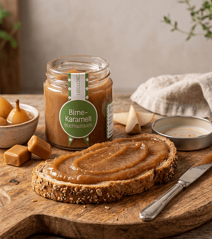 Karamell Marmeladen Aufstrich in Originalverpackung, Scheibe Brot mit Aufstrich im Vordergrund