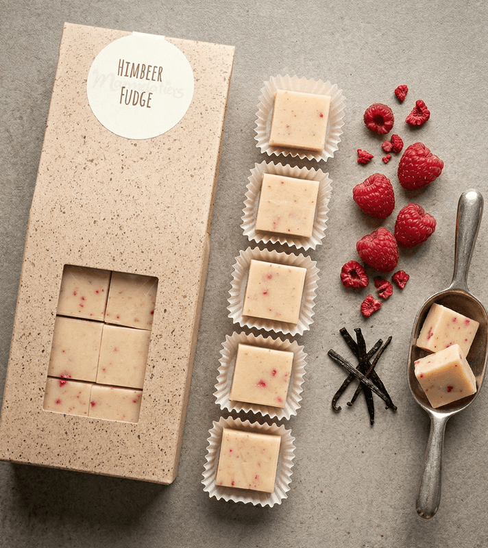 Himbeer Fudges in Originalverpackung, umgeben von Himbeeren, Vanille und Löffel