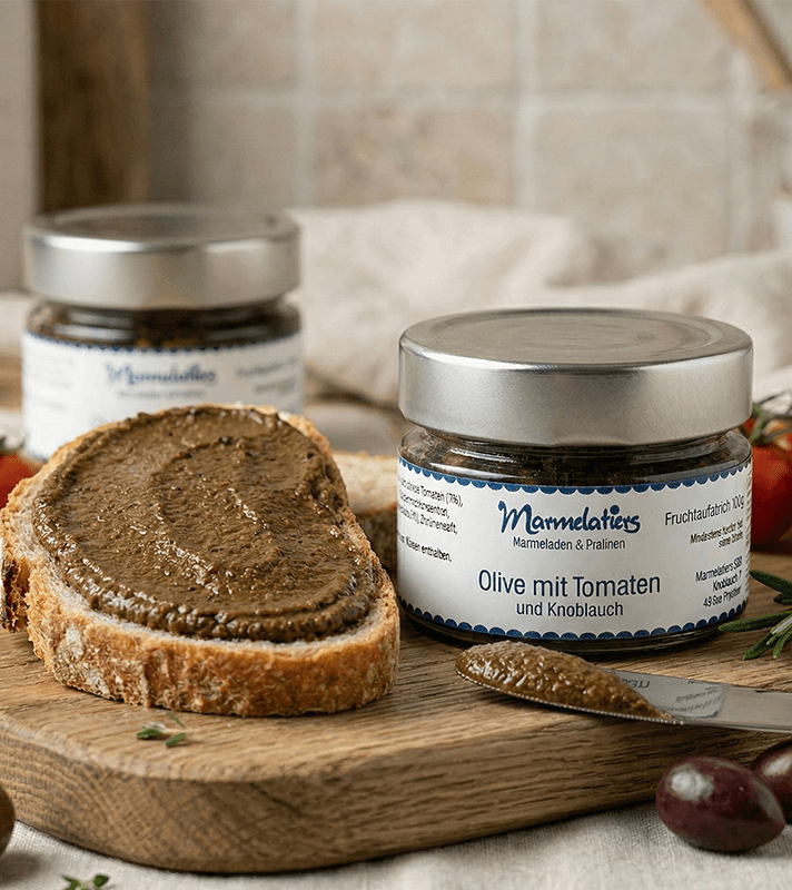 Oliven und Tomaten Marmeladen Aufstrich in Originalverpackung, Scheibe Brot mit Aufstrich im Vordergrund