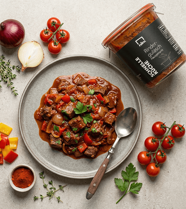 Rinderglasch im Teller angerichtet, umgeben von Tomaten, Zwiebeln und Originalverpackung im Glas