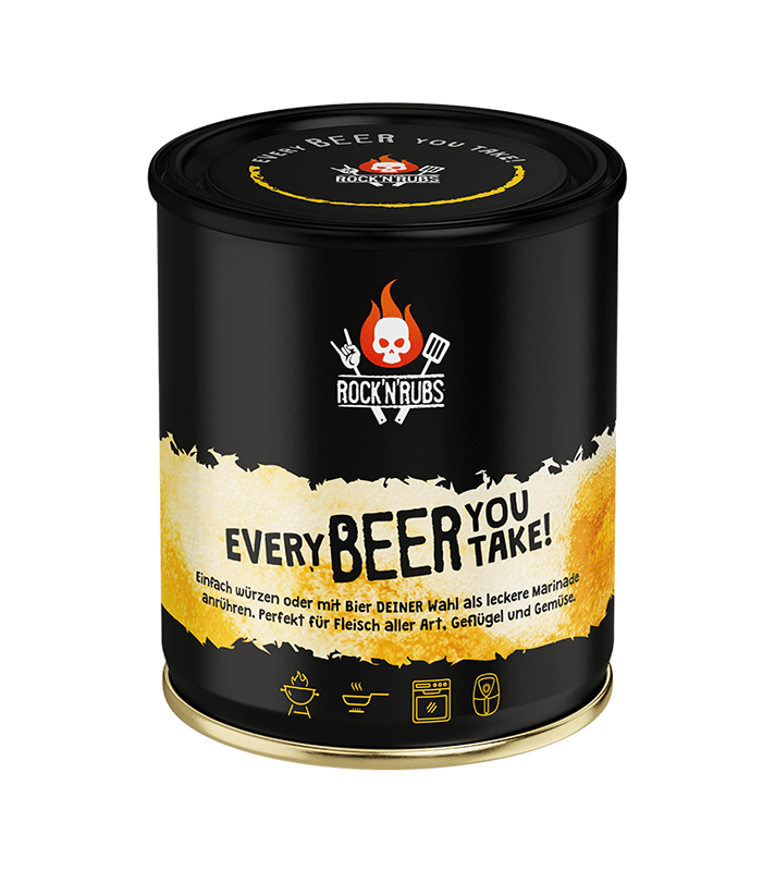 Dosen mit schwarzem Etikett, Logo mit Flamme und Totenkopf, Text "Every Beer You Take!", Anleitungen zum Würzen oder Marinieren, geeignet für Fleisch, Geflügel und Gemüse.