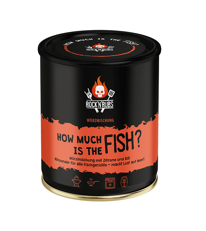 Dosen mit Gewürzmischung "How Much Is the Fish?" von Rock'n Rubs, schwarzes und rotes Design, mit Zitronen- und Dill-Aromen, für Fischgerichte.