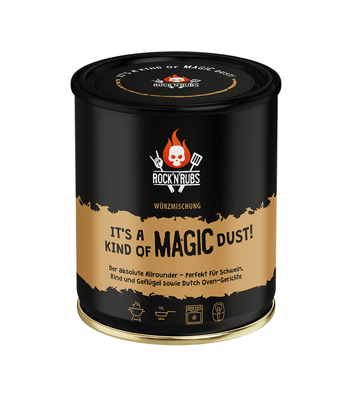 Schwarzer runder Gewürzbehälter mit goldener Etikette, Logo mit Flamme und Totenkopf, Beschriftung "It's a kind of magic dust" und Symbolen für Grill, Kochen, Ofen und Räuchern.