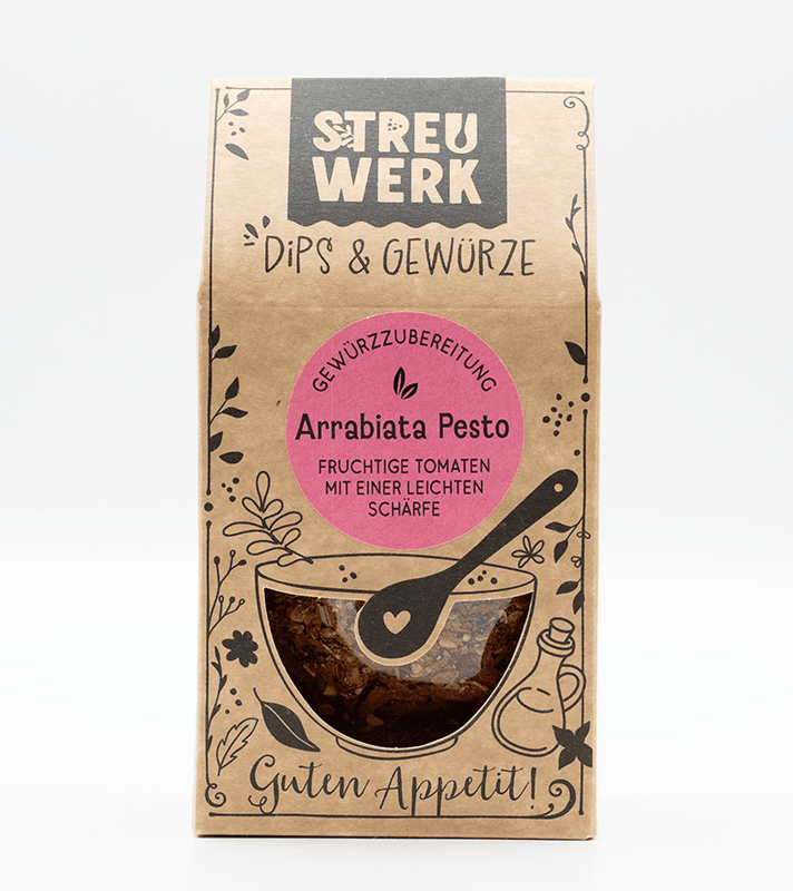 Papiertüte mit Gewürzmischung "Arrabiata Pesto" aus fruchtigen Tomaten und leichter Schärfe, mit Sichtfenster, dekorativen Illustrationen und der Aufschrift "Guten Appetit".