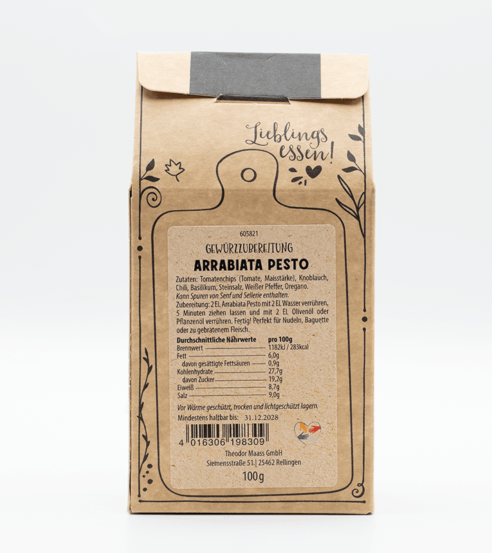 Papiertüte mit Aufdruck "Lieblingsessen" und einem Schneidebrett-Design, enthält Gewürzpaste Arrabiata, Zutatenliste, Nährwerte und Haltbarkeitsdatum.