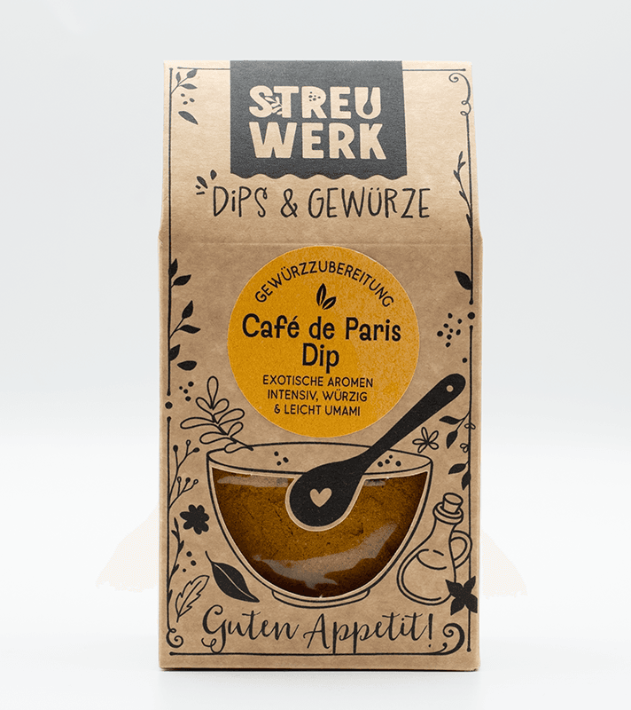 Papiertüte mit Gewürzmischung für Café de Paris Dip, handgezeichnete Illustration einer Schüssel mit Löffel, dekorative Pflanzenmotive, Text: "Guten Appetit!".