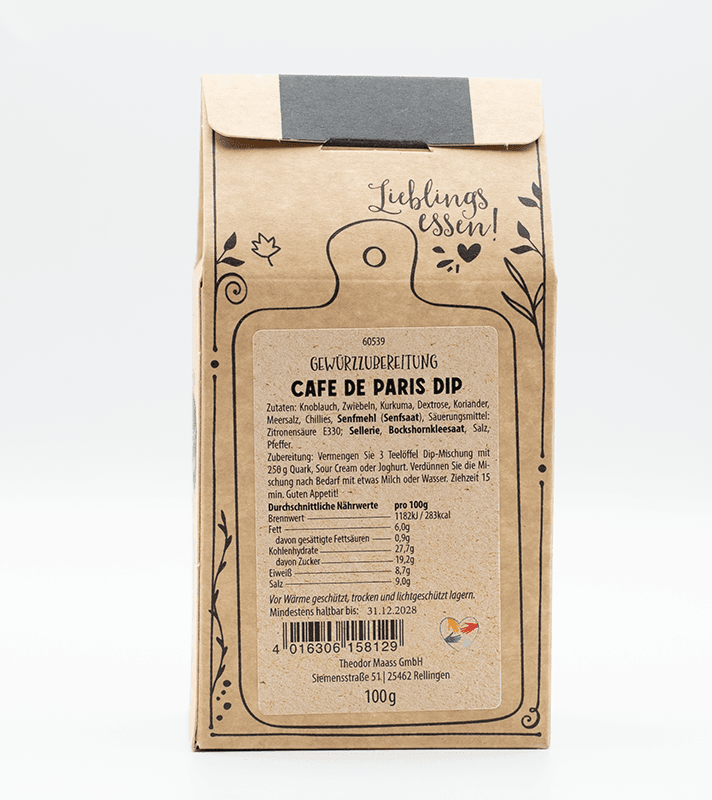 Papiertüte mit braunem Etikett, handgeschriebenem Text "Lieblings essen!", Produktbeschreibung "Cafe de Paris Dip" mit Zutaten, Nährwertangaben und Haltbarkeitsdatum.