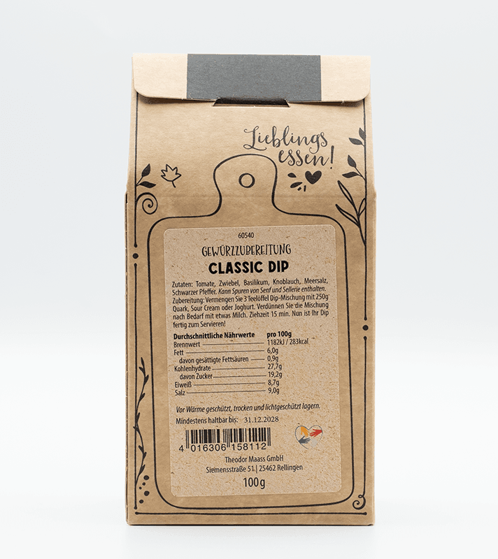 Braune Verpackung mit handgezeichnetem Design, Text "Lieblingsessen!", enthält Gewürzpaste "Classic Dip" mit Zutaten, Nährwertangaben und Haltbarkeitsdatum.