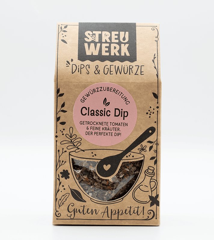 Papiertüte mit getrockneten Tomaten, Kräutern und Gewürzen für Classic Dip, mit transparentem Fenster, handgezeichneten Dekoren und Texten auf braunem Kraftpapier.