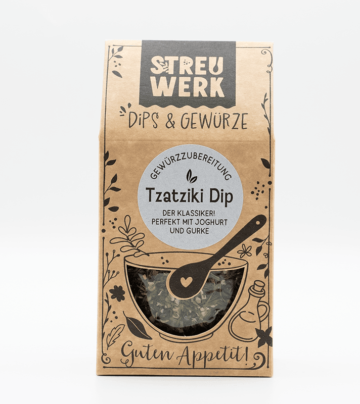 Papiertüte mit Kräuter-Tzatziki-Dip, Sichtfenster, handgezeichnete Pflanzen- und Küchenmotive, Text "Guten Appetit!", für Gewürz- und Dip-Zubereitung.