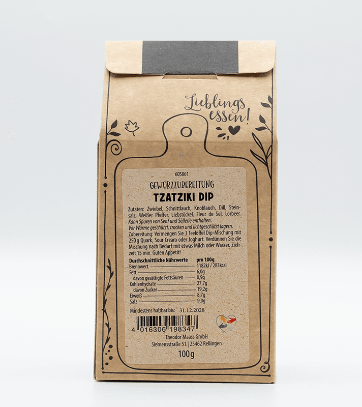 Braune Verpackung mit handschriftlichem Text "Lieblings essen!", enthält Rezept für Tzatziki Dip mit Zutaten und Nährwertangaben, dekorative Pflanzenmotive.