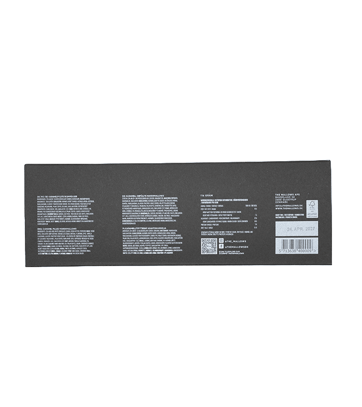Längliches schwarzes Produktpaket mit weißen Texten, Barcode, QR-Code und einem Haltbarkeitsdatum am rechten Ende.