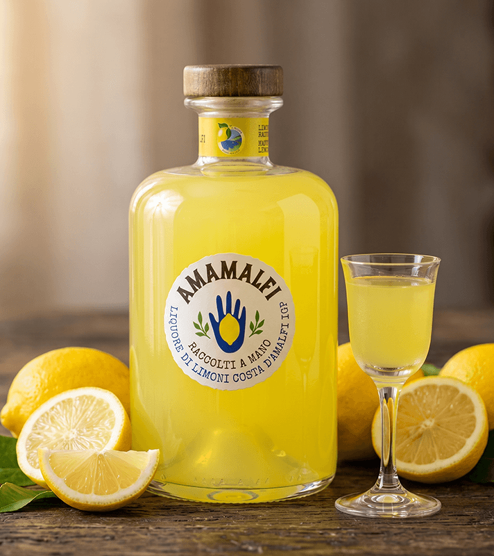 Großer gelber Zitronenlikör in Flasche mit Holzdeckel, daneben Zitronen und ein kleines Glas mit Zitronenlikör.